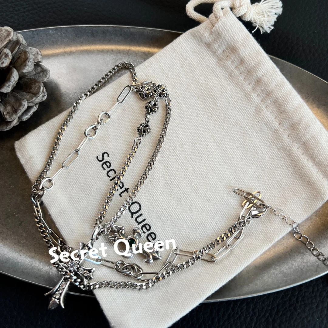 铜合金吊坠 小众设计双吊坠十字架项链毛衣链AH230