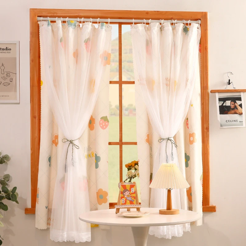 免打孔挂环式遮光窗帘宿舍卧室飘窗帘小窗户透光不透人纱帘布成品