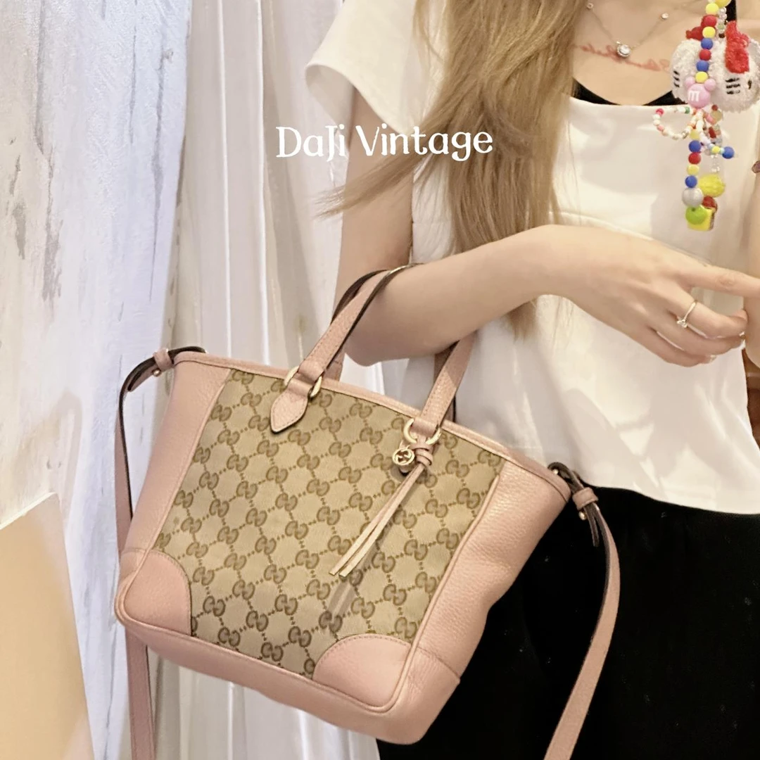 95新 GUCCI/古驰 大吉中古ff/Gucci古驰粉色老花菜篮子斜挎包4.10