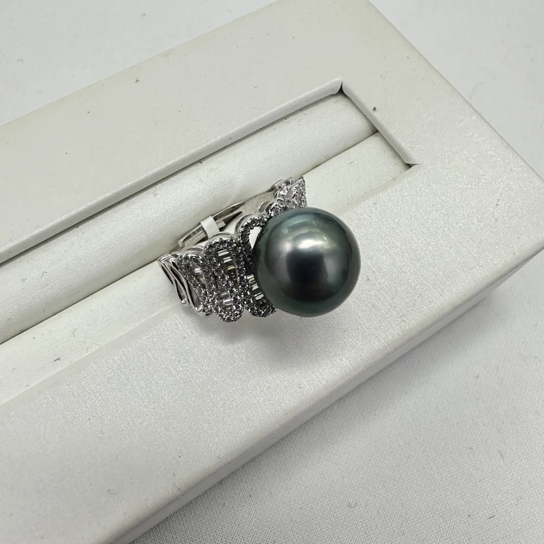 天然海水大溪地孔雀绿珍珠戒指时尚大气轻奢正圆强光