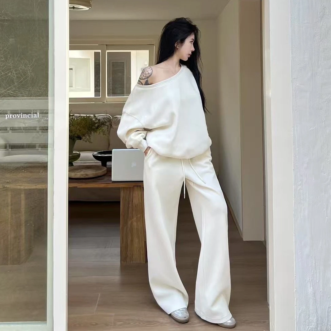 韩系慵懒风斜肩卫衣女装2025秋季爆款清冷感洋气长袖上衣长裤套装