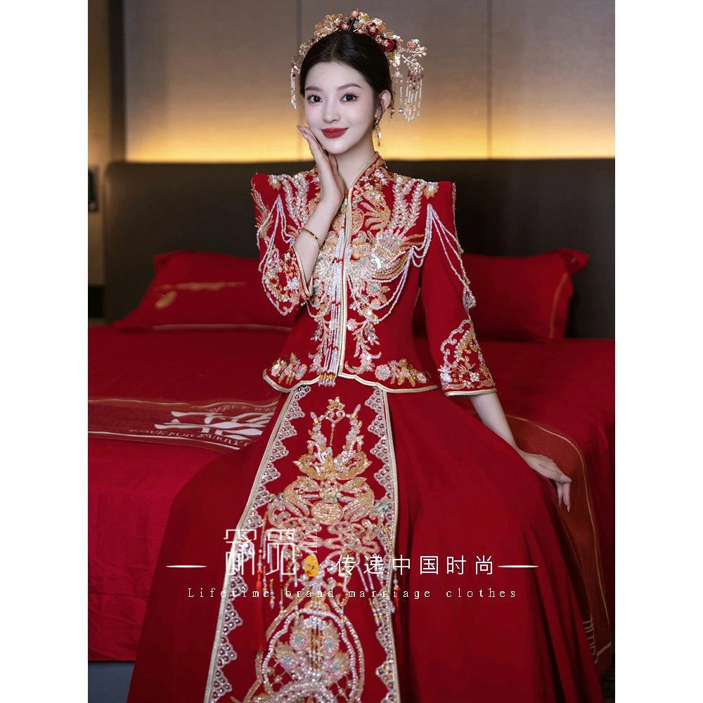 秀禾服新娘重工丝绒2024新款中式结婚礼服奢华嫁衣敬酒服修身婚服