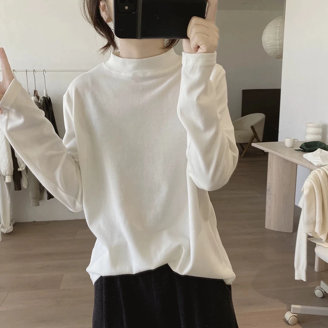 欧货长袖t恤女半高领保暖春秋冬新款宽松内搭打底衫正肩纯色上衣