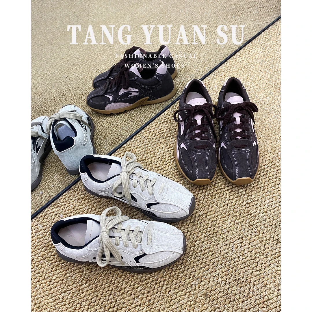 2025夏季新款磨砂皮潮流德训鞋休闲板鞋系带跑步鞋复古圆头休闲鞋