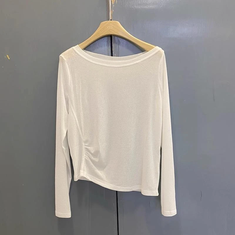 夏季薄款一字肩长袖侧褶皱T恤女胖mm大尺码减龄防晒衣叠穿罩衫