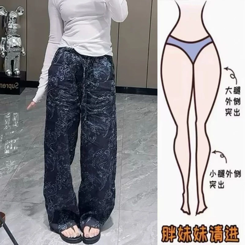 2025年夏季薄款大码女装印花阔腿高腰宽松长裤休闲裤梨形身材显瘦