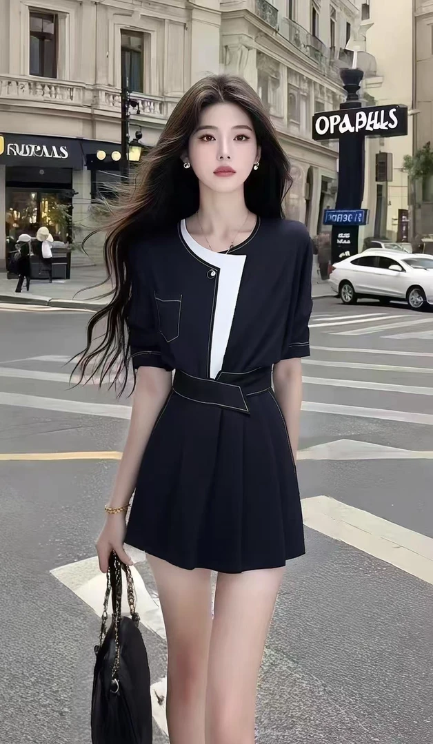 轻奢时尚高端大气休闲通勤风黑色短袖收腰不规则设计感连衣裙女