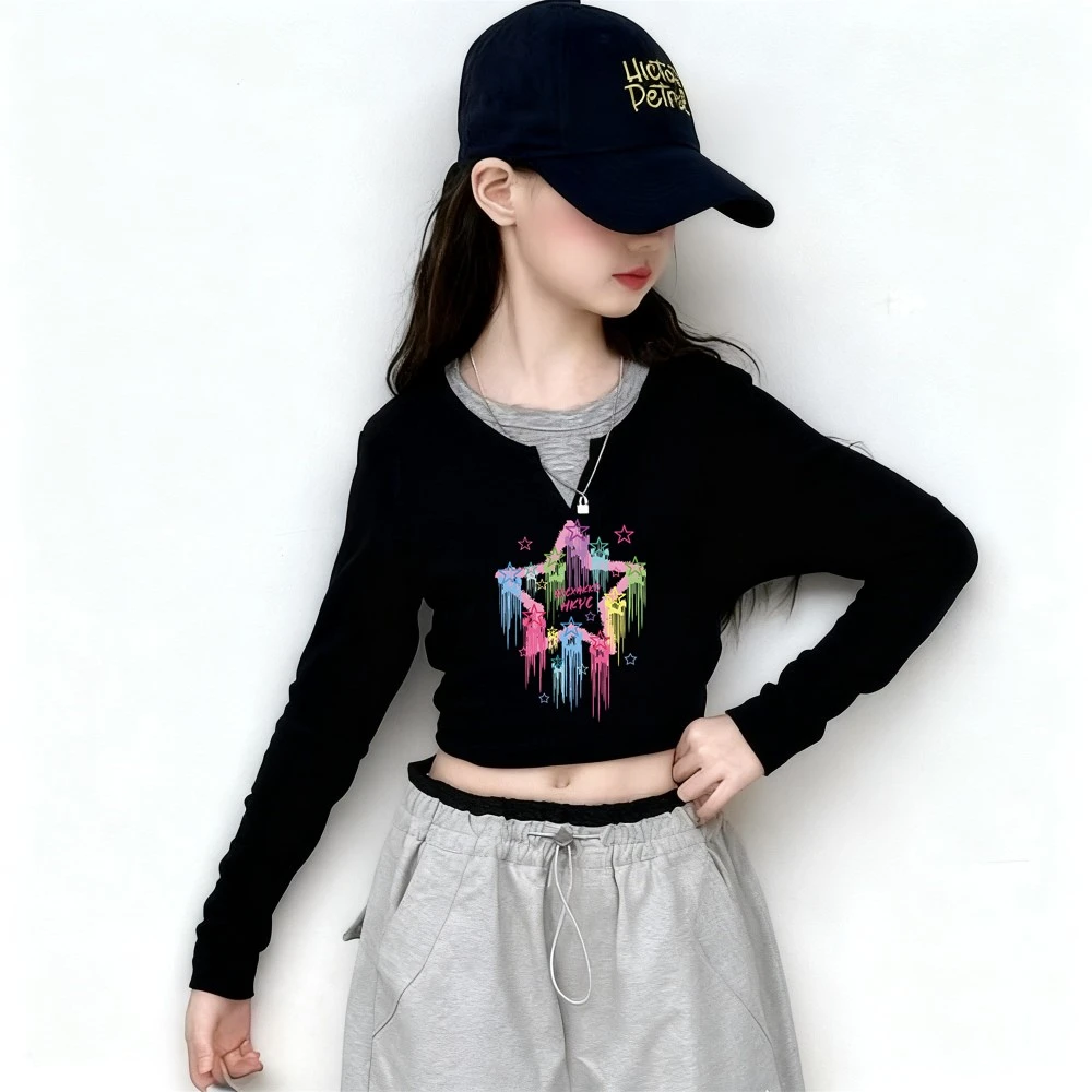 女童长袖T恤秋装韩版上衣儿童纯色棉质洋气打底衫春秋款修身内搭t