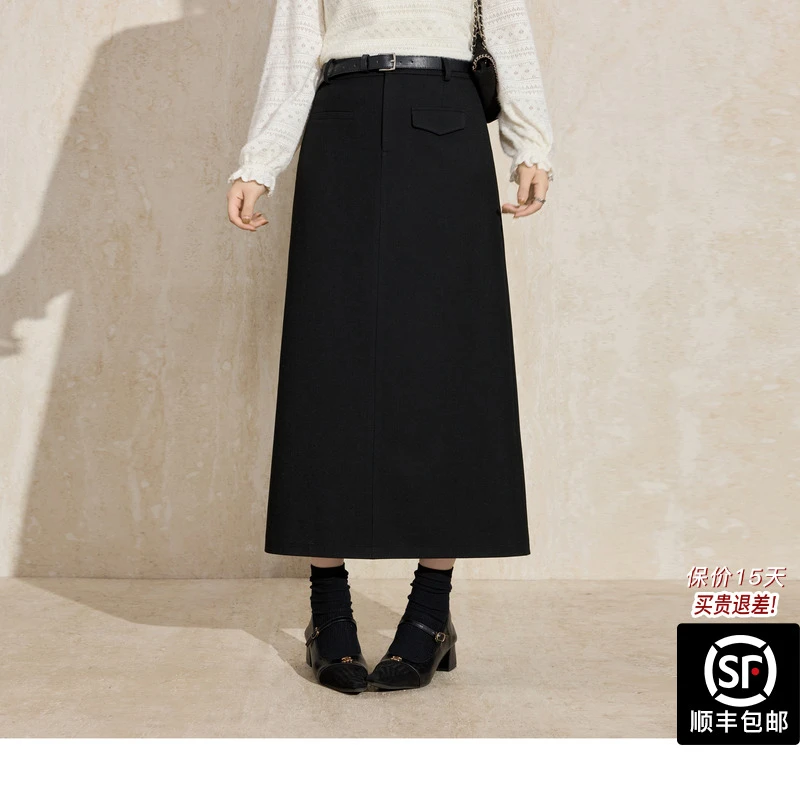 蓝语大码不对称一字袋设计磨毛直筒半身裙2025秋冬新款后开叉半裙