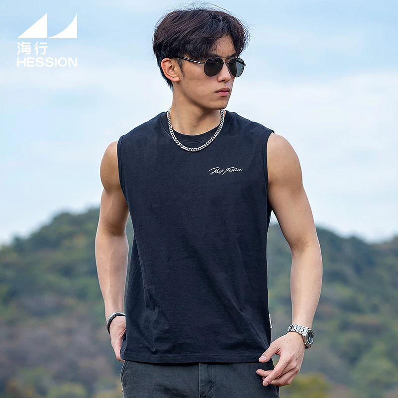 海行宝蓝色户外纯棉透气无袖T恤男 2025年夏新款健身运动坎肩背心
