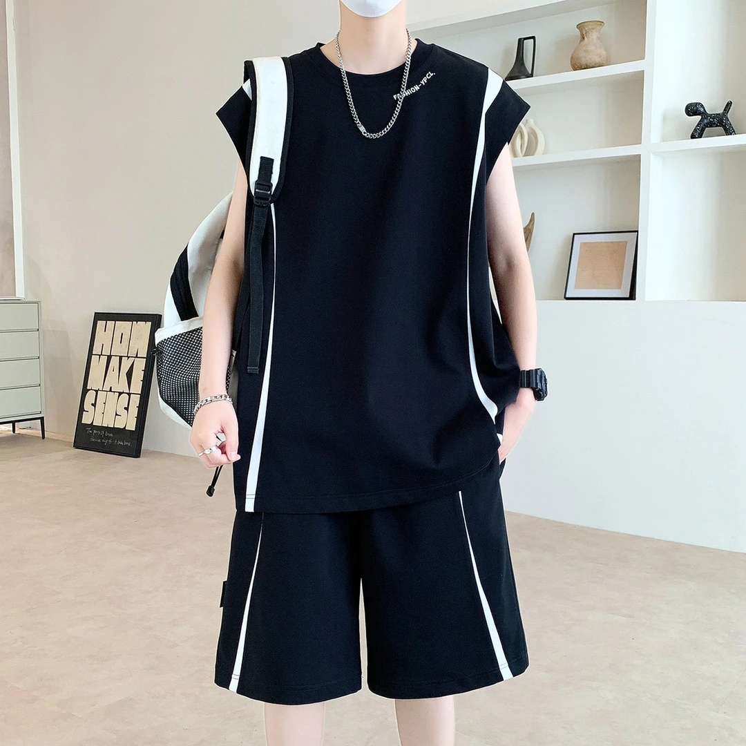 男士短袖短裤套装青少年夏季跑步背心无袖t恤运动服男坎肩