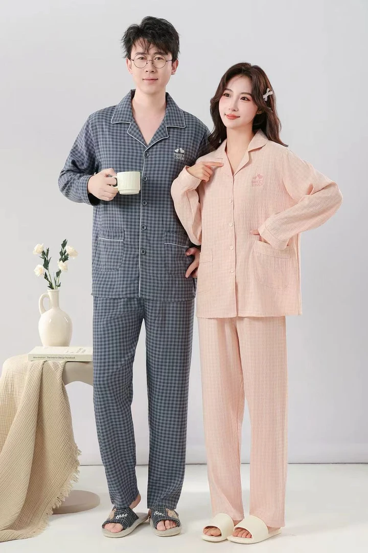 2025新款男女情侣款睡衣舒适格子家居服云朵棉套装