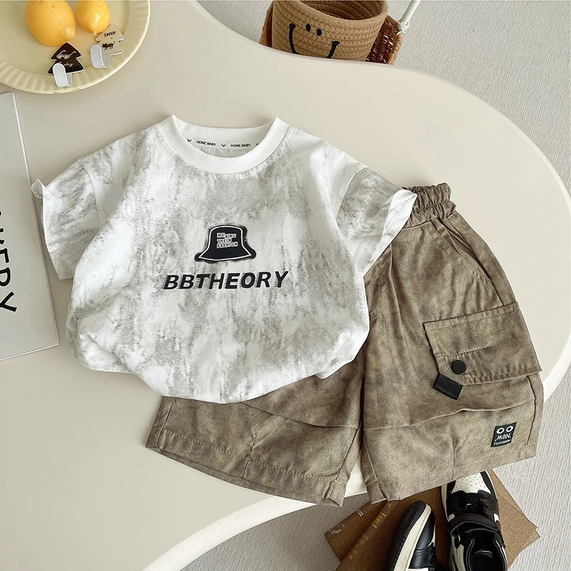 男童套装套头韩版套装上衣休闲童装薄款纯色印花夏季时尚纯棉洋气