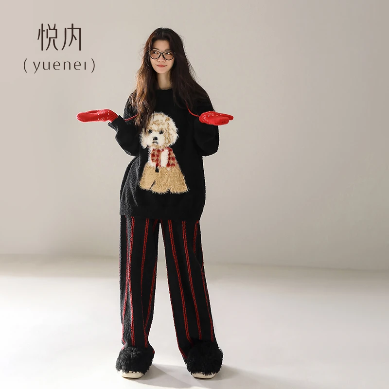 悦内半边绒睡衣女款冬季秋冬珊瑚绒家居服冬天保暖毛绒绒可爱小狗