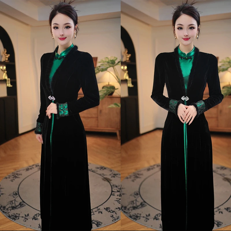 真毛领假两件连衣裙2025年遮肚收腰显瘦气质祖母绿丝绒轻奢打底裙