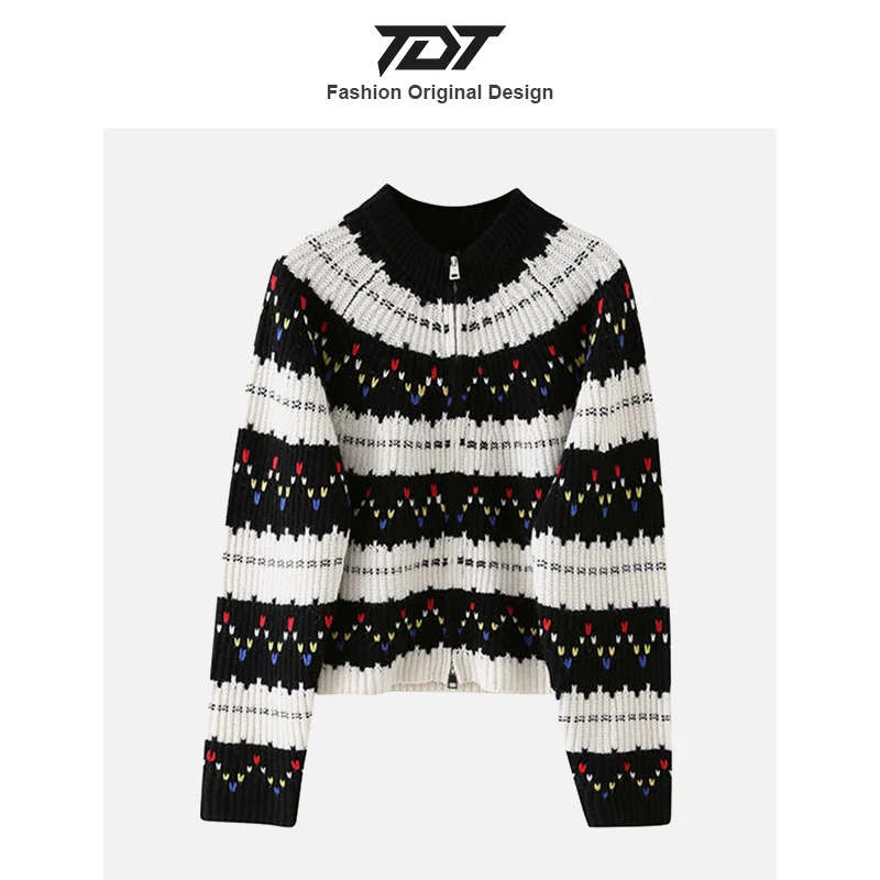 「TDT」25秋季彩色波点圆领提花费尔岛毛衣女士羊毛针织双拉链开衫