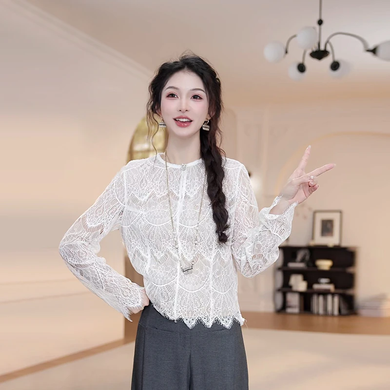 【YANYAN】早秋百搭纯色提花蕾丝花边开衫长袖YY-6798