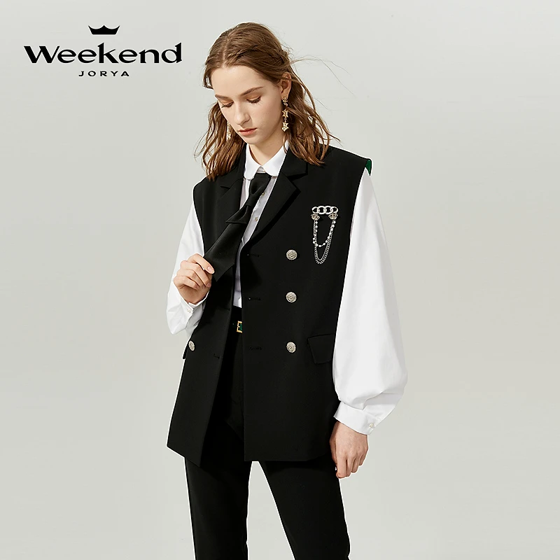 卓雅周末春季通勤链条装饰双排扣西装马甲EJWCAQ75