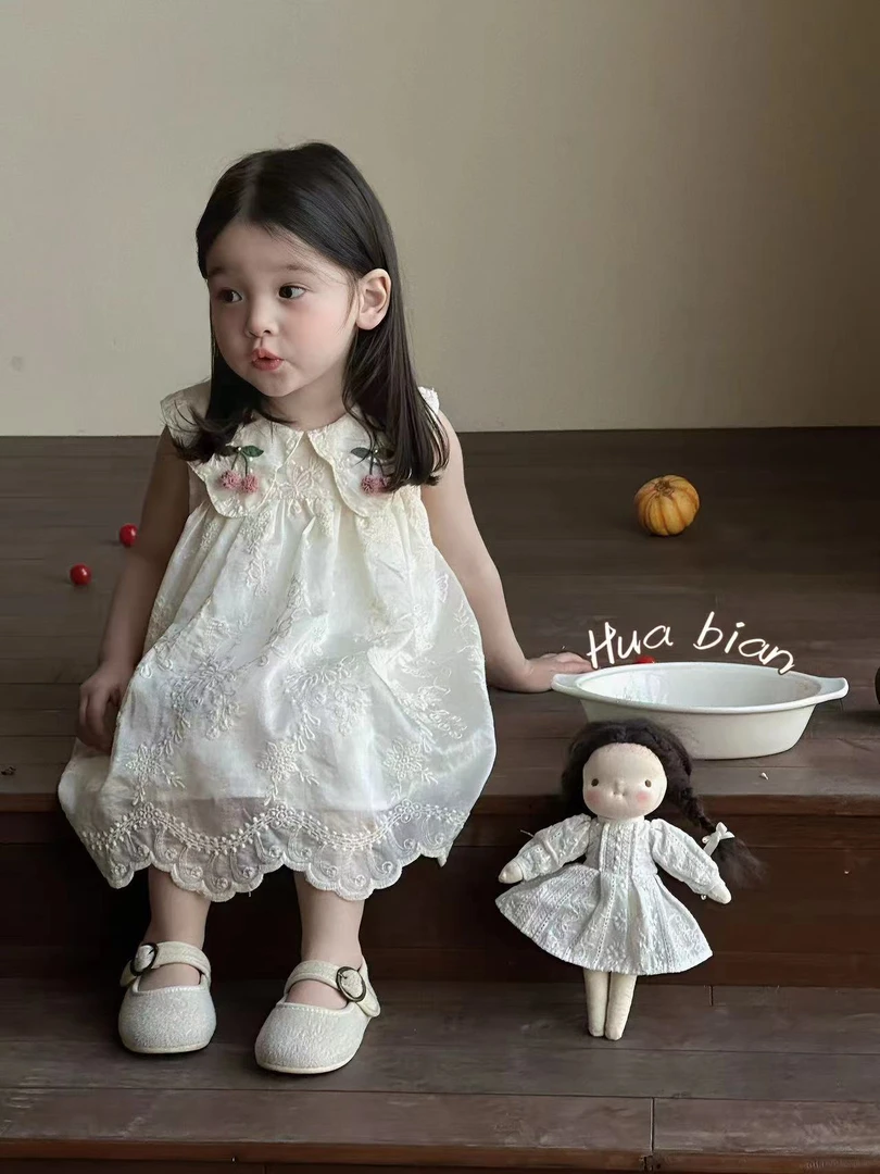 现货女童杏色樱桃蕾丝连衣裙（HB-5082-夏A）