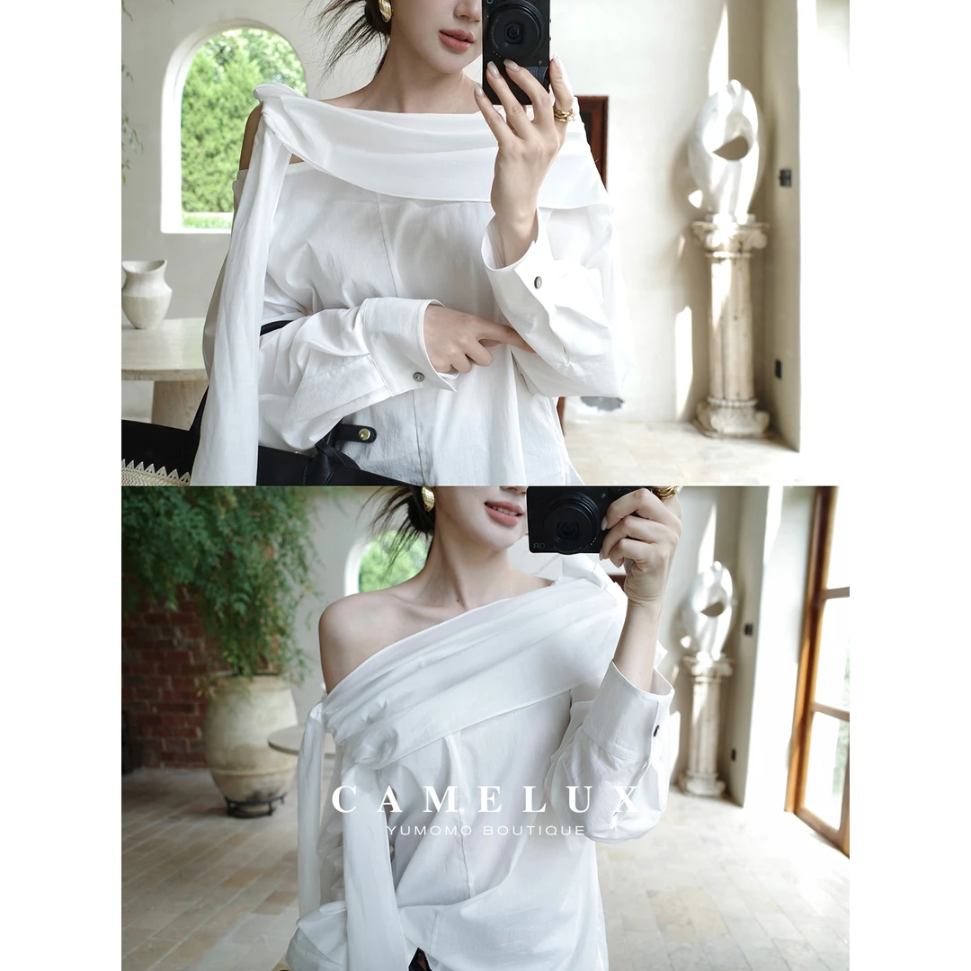 晨露月光曲 轻盈滑爽 多穿绑带一字领！法式宽松露肩上衣 QCA2044