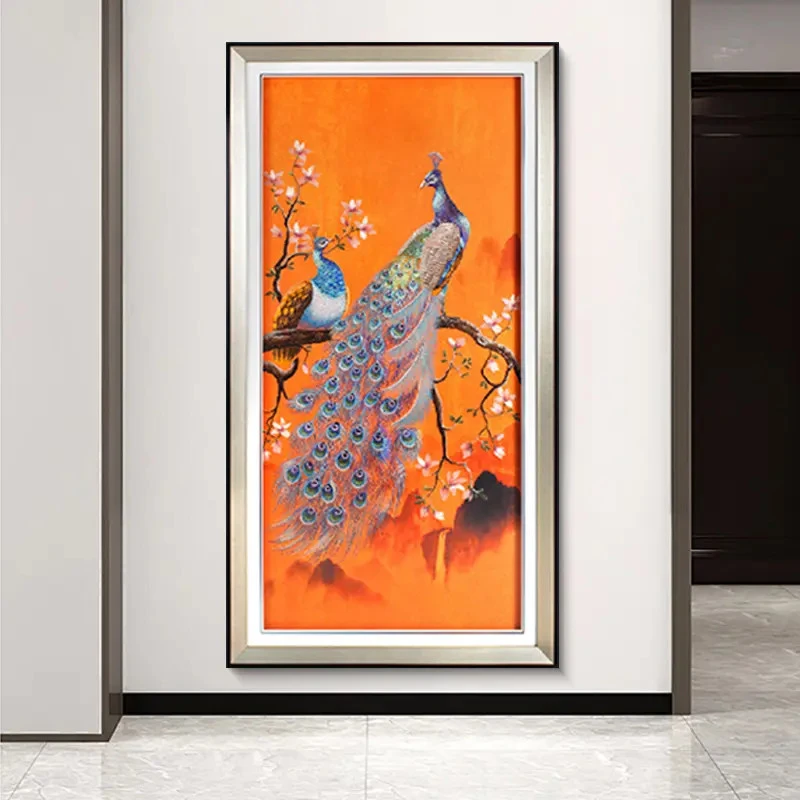 【酷莱】孔雀玄关刺绣新中式走廊过道装饰画