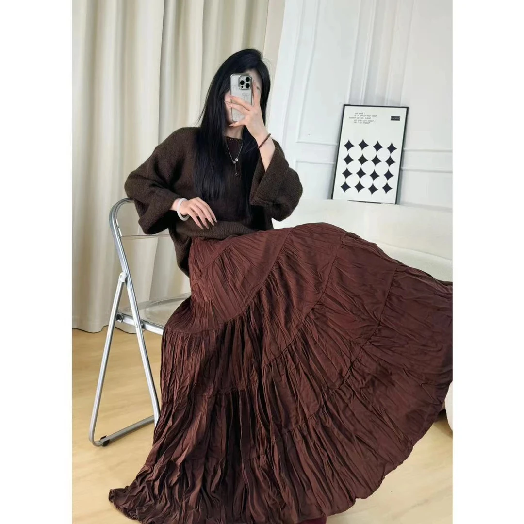 秋季新款纯色大摆裙有口袋显瘦半身裙高腰百搭A字复古百褶长裙