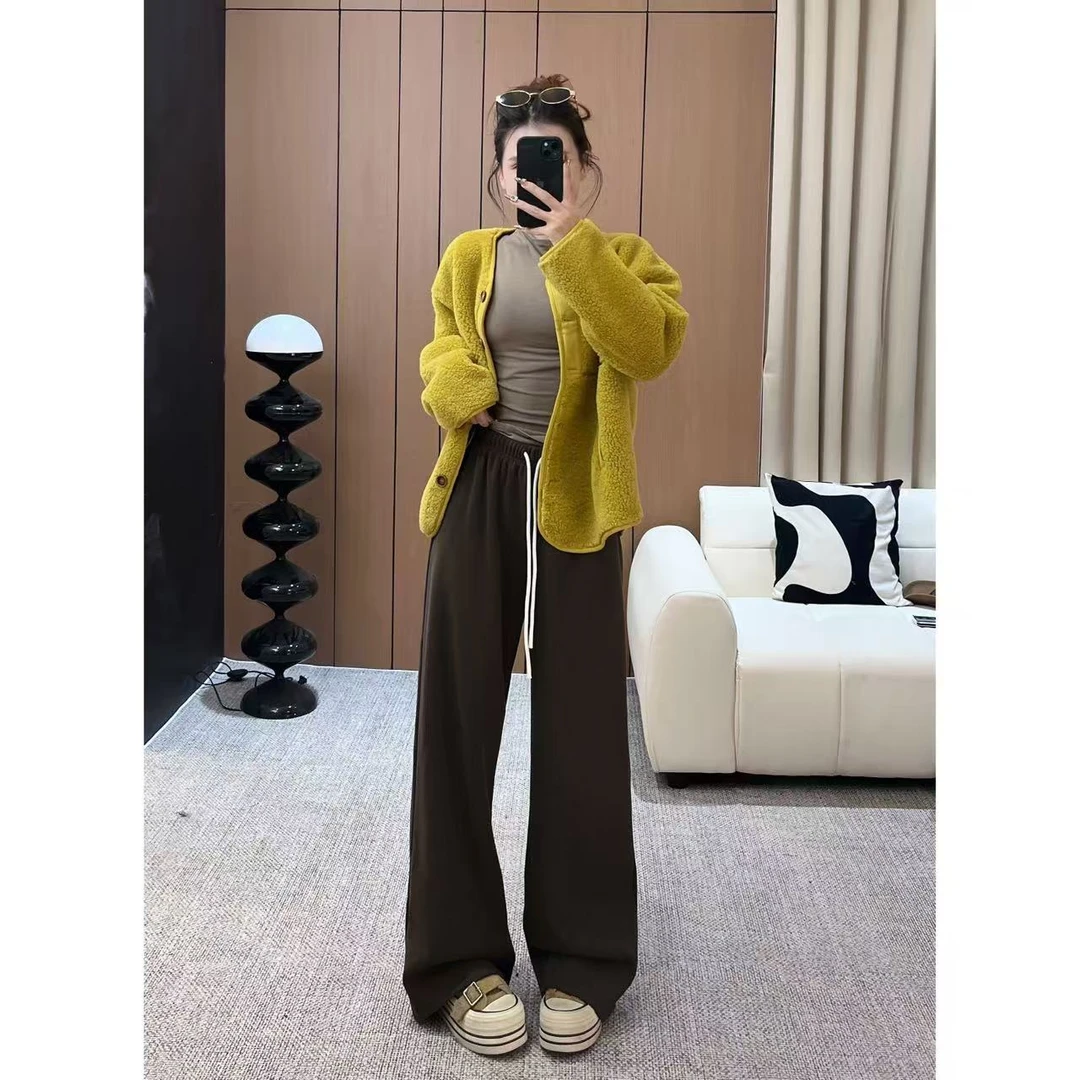 加绒糯米裤百搭休闲直筒垂感秋冬加绒松弛感裤子女咖-K3526