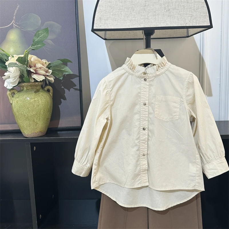 现货【法式文艺】女童春秋衬衫中大儿童木耳边立领长袖衬衣洋气上衣