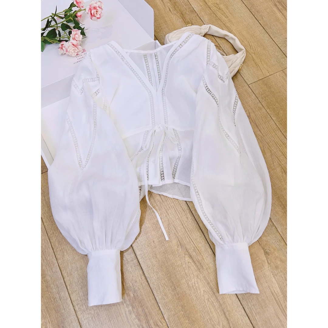 丨早秋新款白色蕾丝镂空拼接系带长袖衬衫 0309