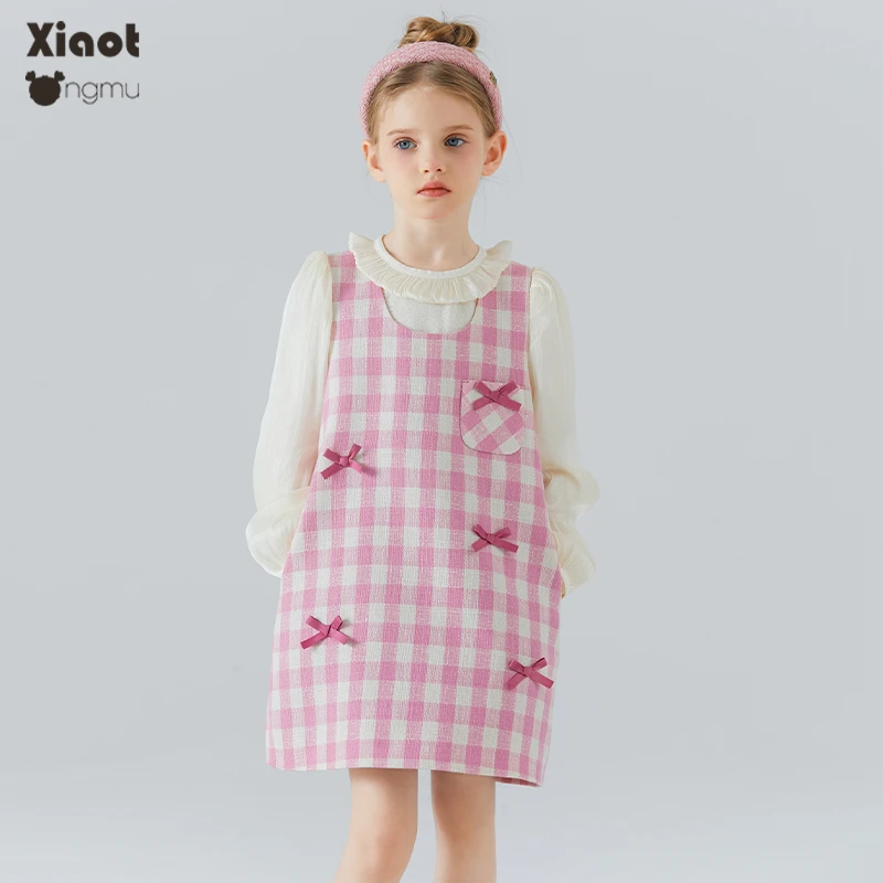 小童木 甜美粉白格纹女童连衣裙春季2025新款背心裙女大童公主裙