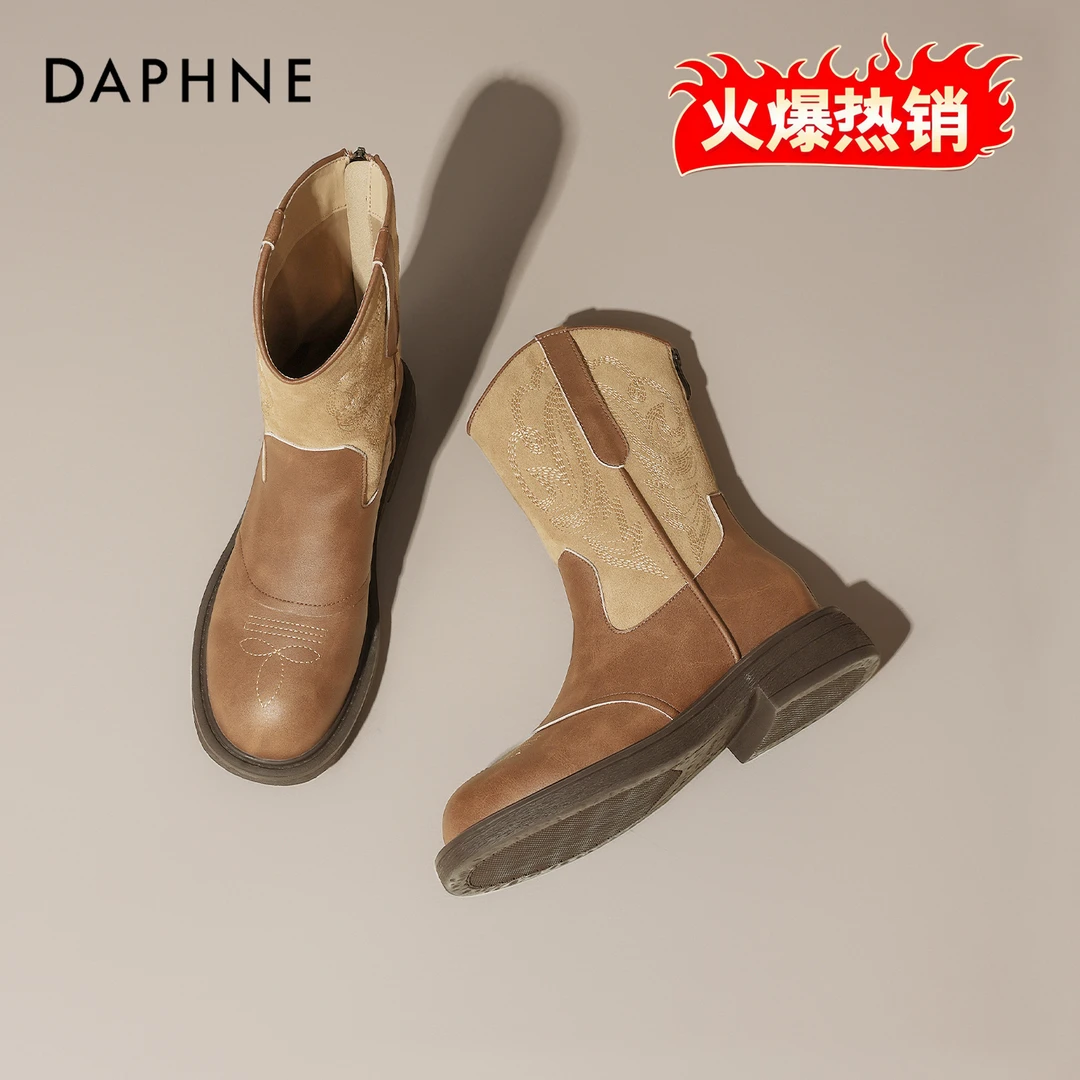 达芙妮复古刺绣欧美马丁靴女2025秋冬新款切尔西靴粗跟英伦风短靴