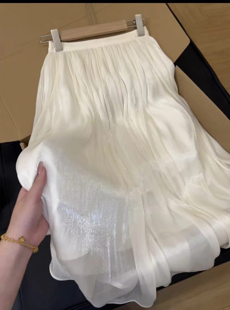 夏季新款韩版松紧腰显瘦中长款珠光流金纱裙A字半身裙百搭仙女裙