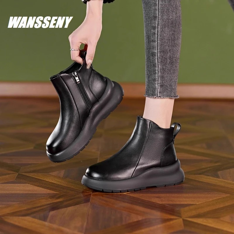 WANSSENY2025年英伦风马丁靴女真皮秋冬新款时尚百搭加绒复古短靴