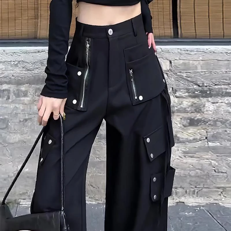 工装裤女秋冬加绒加厚小众设计师高腰显瘦宽松阔腿直筒休闲裤子