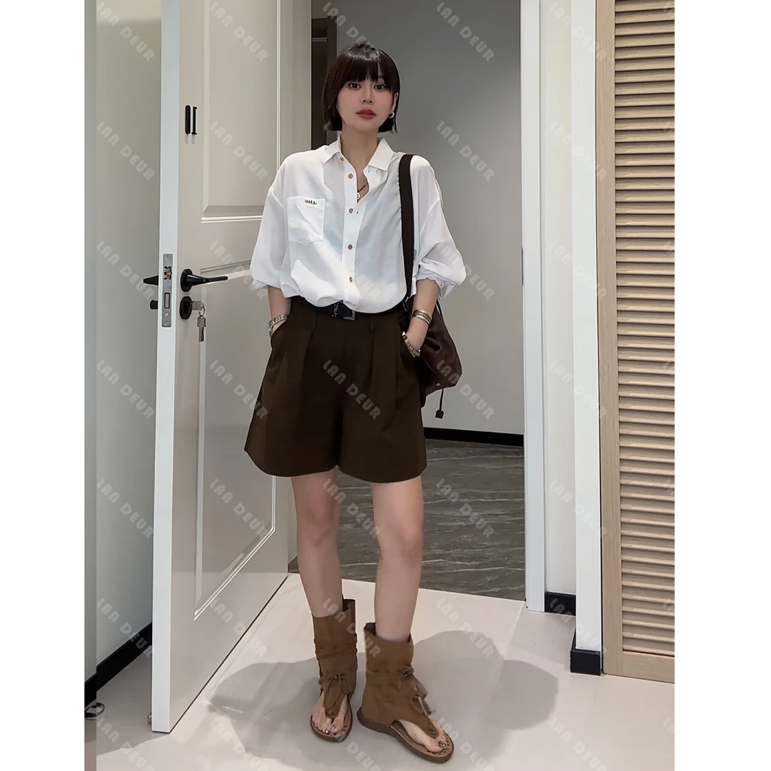 【快乐假日】 四分半极简高腰捏褶可卷边气质显瘦阔腿短裤子女