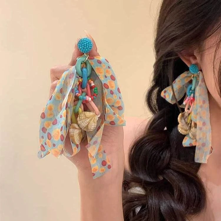 海洋多巴胺~彩色布艺串珠耳环女夏日海边度假风耳饰独特个性耳钉