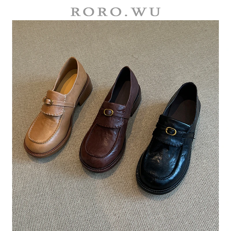 娆娆吴·羊皮休闲气质复古法式日常粗跟一脚蹬老钱风百搭单鞋A173