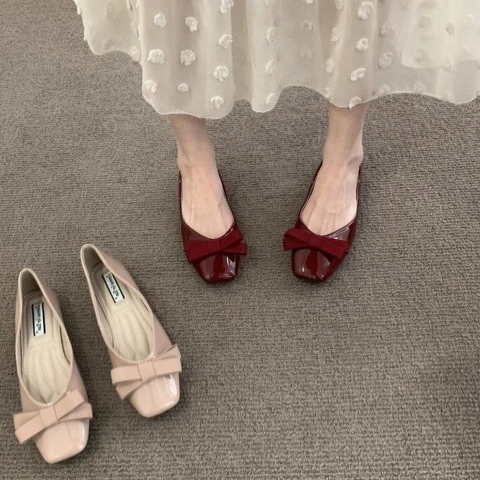 2020新款仙女风漆皮平底方头单鞋女夏季百搭蝴蝶结浅口玛丽珍女鞋