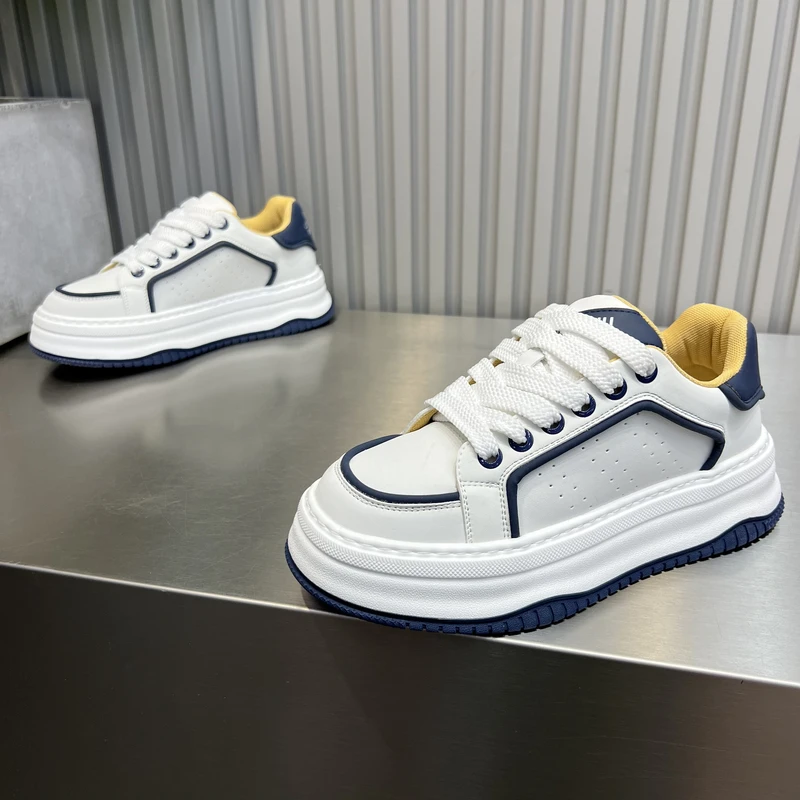 秋季新款系带休闲板鞋拼色韩版厚底青年时尚皮面打孔轻奢简约男鞋