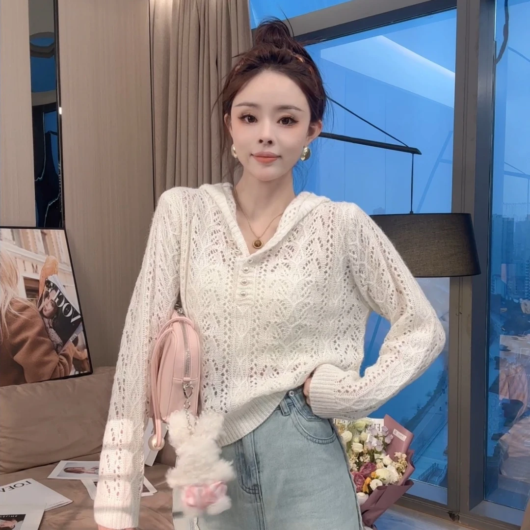 【晓溪服饰】春季上新时尚休闲宽松连帽简约镂空套头纯色针织衫689