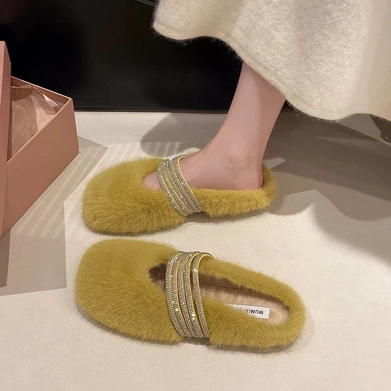 法式水貂毛平底毛毛鞋女外穿2025新款秋冬季一脚蹬毛绒棉鞋豆豆鞋