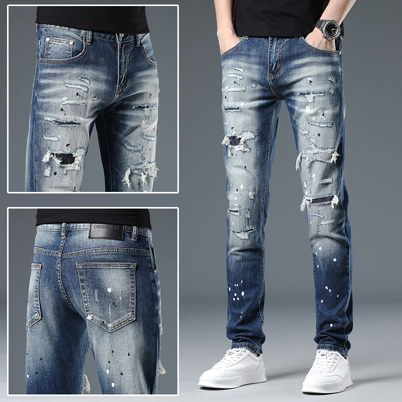 Leekody香港2025秋冬新款破洞牛仔裤男修身小脚潮流补丁水洗长裤