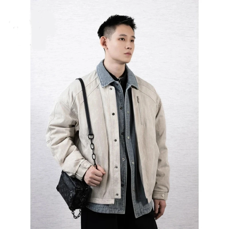 设计款复古假两件水洗外套男士春季潮牌时尚拼接牛仔翻领工装夹克