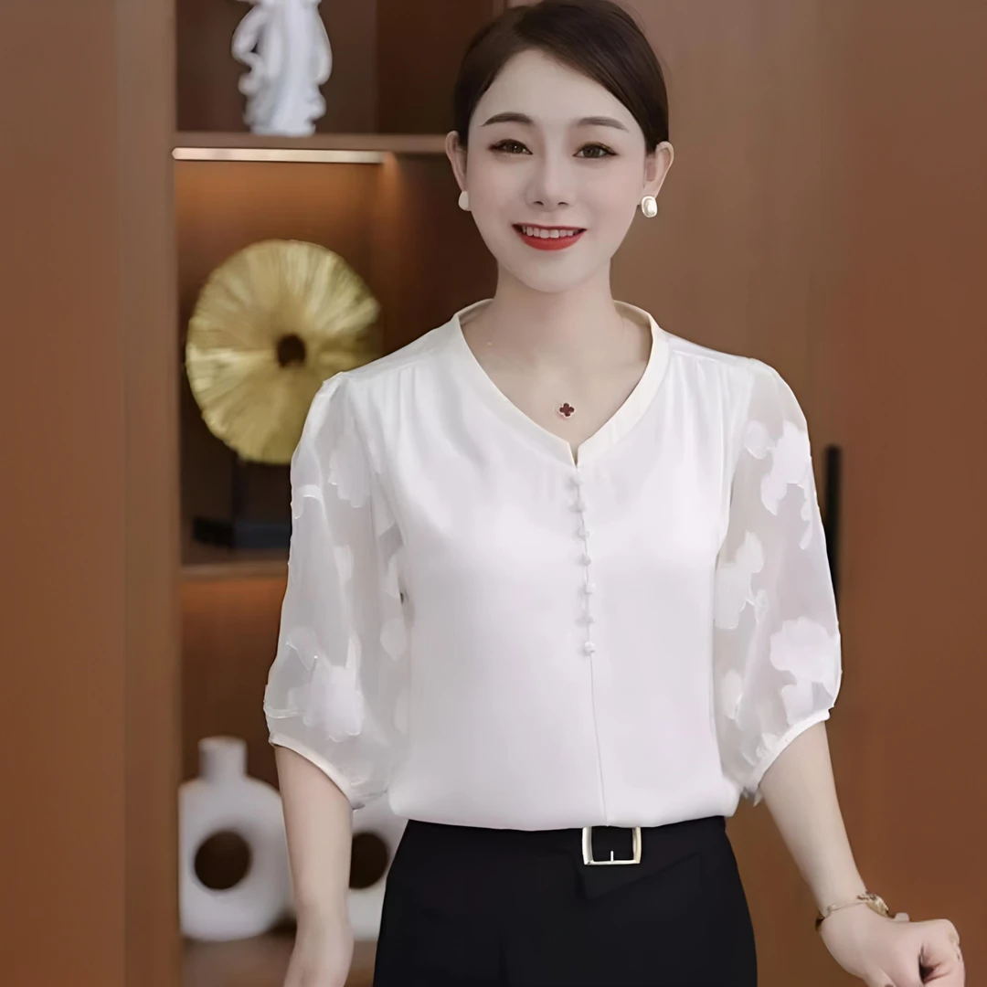 设计感白色厚款薄款女装衬衣中老年女装中袖洋气中长裙D25