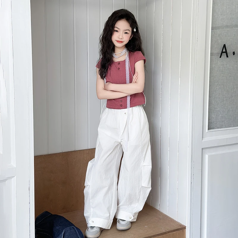 女童短袖t恤套装夏装2025新款儿童夏季白色工装裤大童裤子两件套