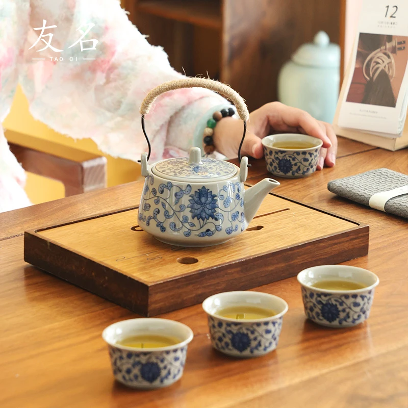 复古陶瓷草木灰青花缠枝莲提梁一壶四杯无礼盒不带包-5269