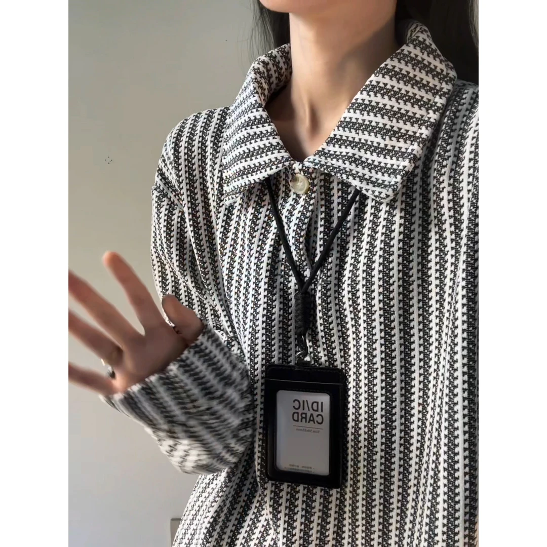 鱼骨纹v领polo衫卫衣男秋季松弛感条纹长袖t恤重磅美式内搭打底衫