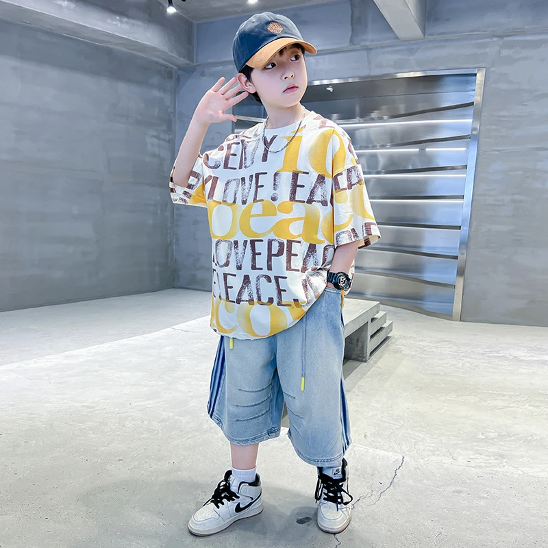 男童夏季短袖牛仔套装2025新款夏装中大童儿童男孩夏款痞帅炸街潮