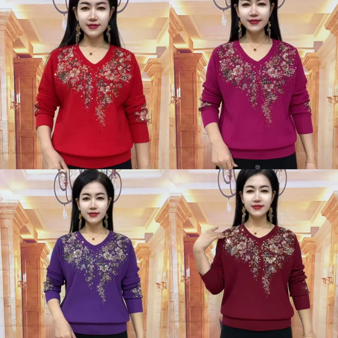 时尚洋气贵族名品重工串珠V领套头女士针织焦麻衫（908#）