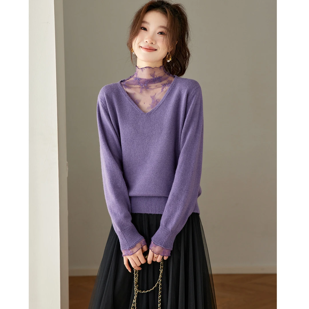 网纱拼接半高领宽松针织上衣女2025新款秋冬可单穿内搭毛衣打底衫